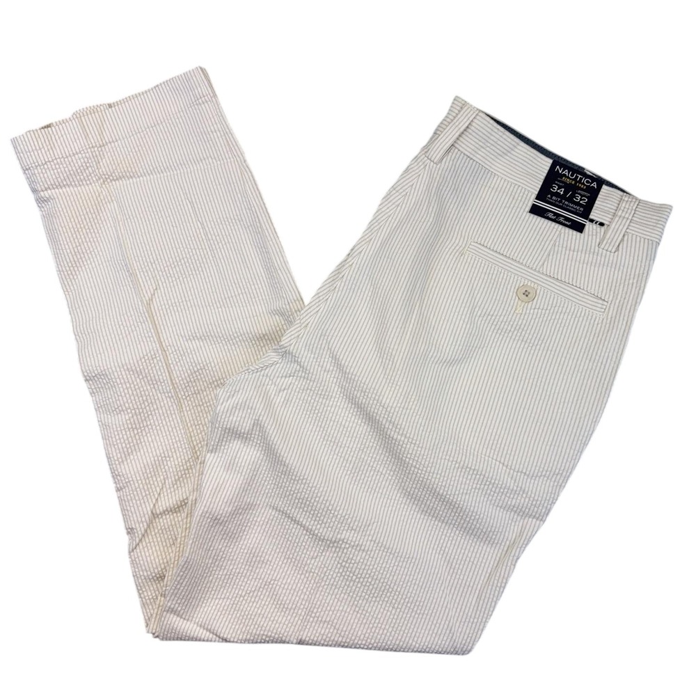 Nautica Pants Mens 34x32 Beige Stripe Trimmer Cotton Chino Seersucker **34x30**